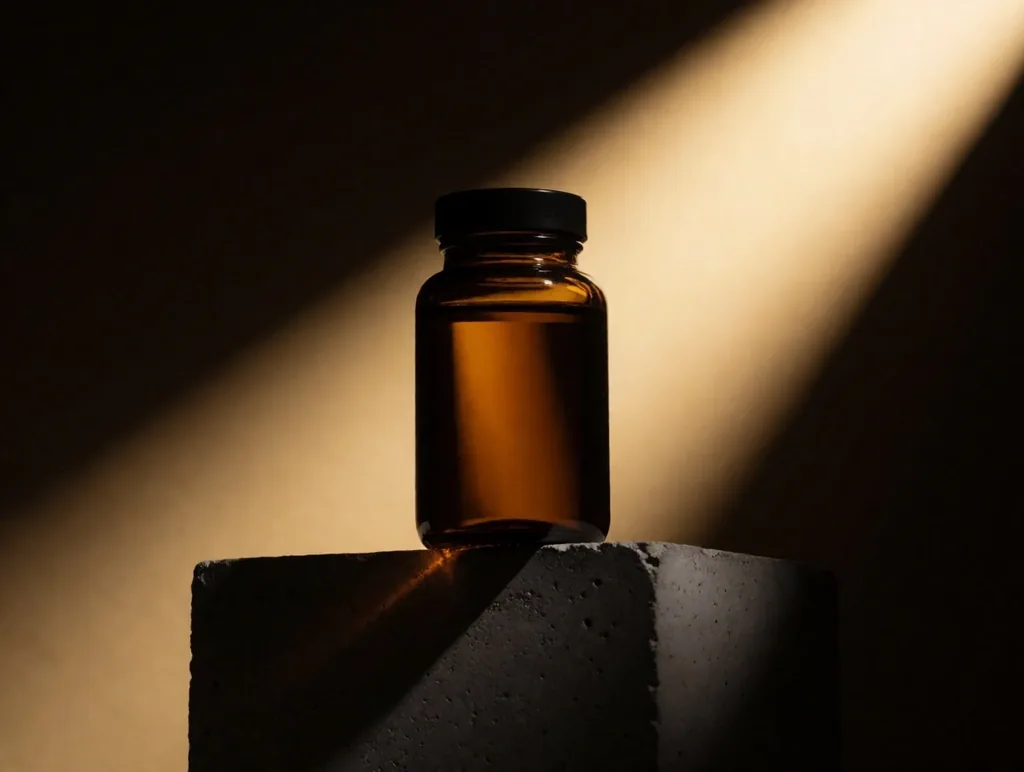 Supplement bottle in light
