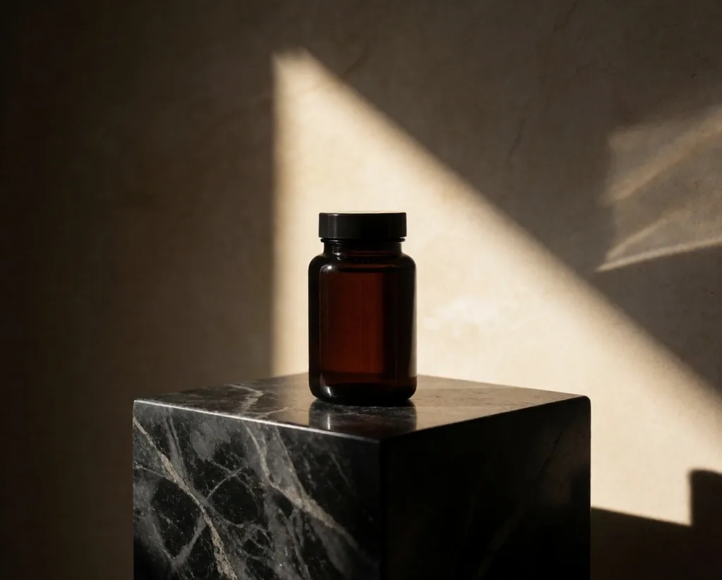 Amber supplement bottle in light beam
