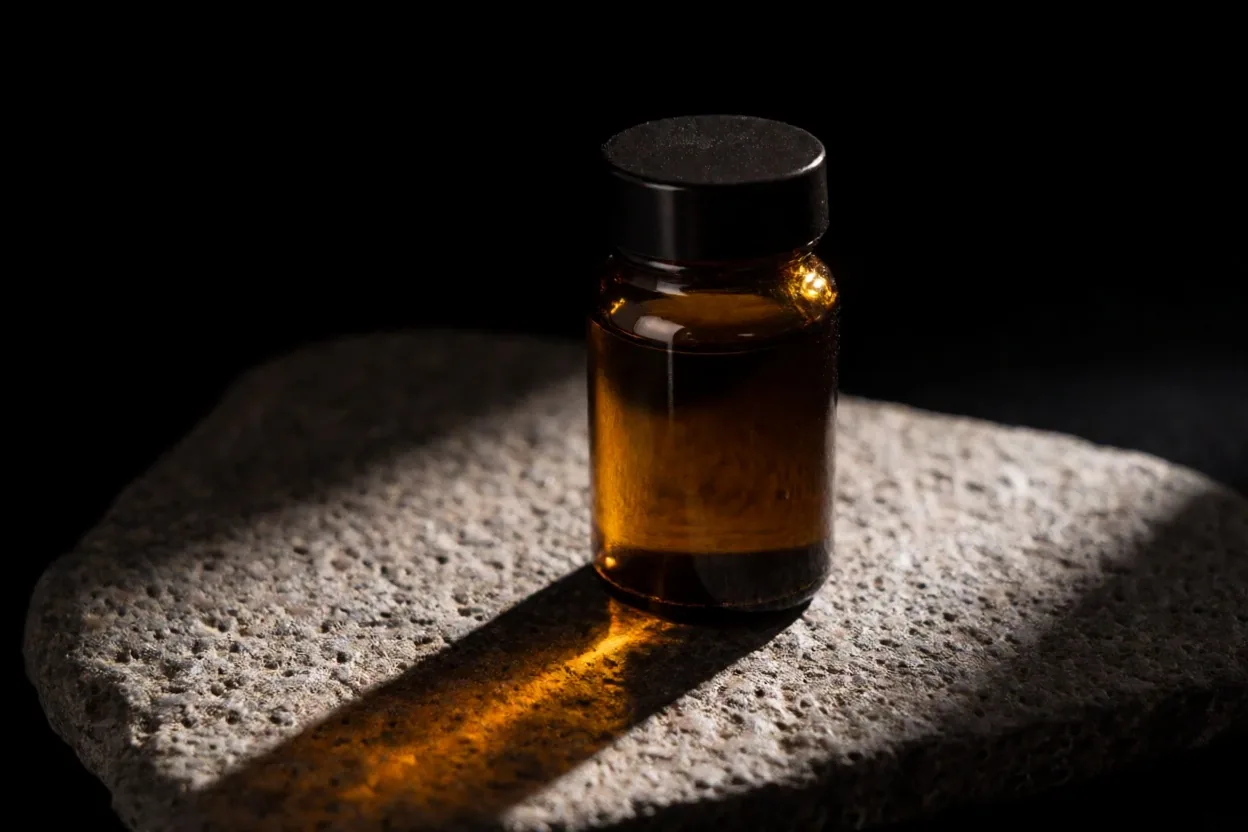 Dark amber supplement bottle in hard light
