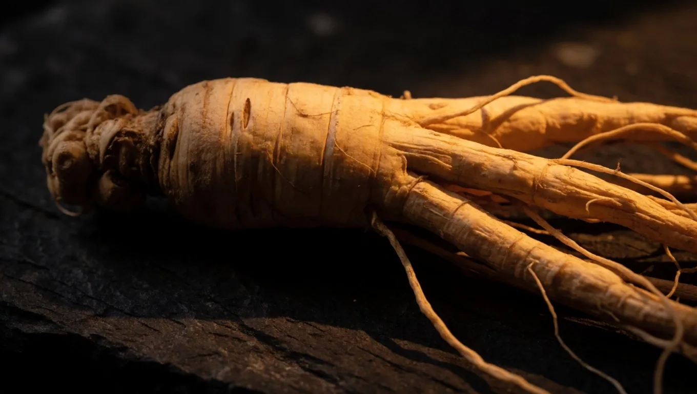 Raw ginseng root on dark stone