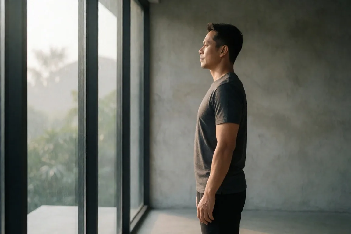 Man in modern concrete interior