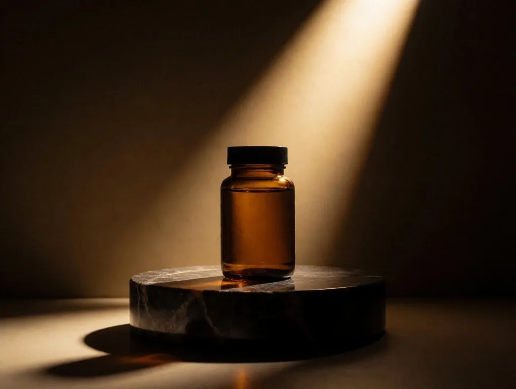 Supplement bottle in light