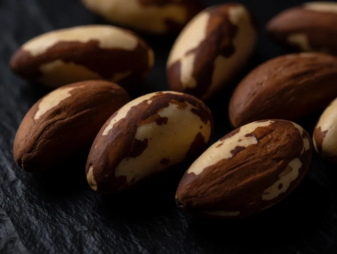 Brazil nuts on a dark stone surface